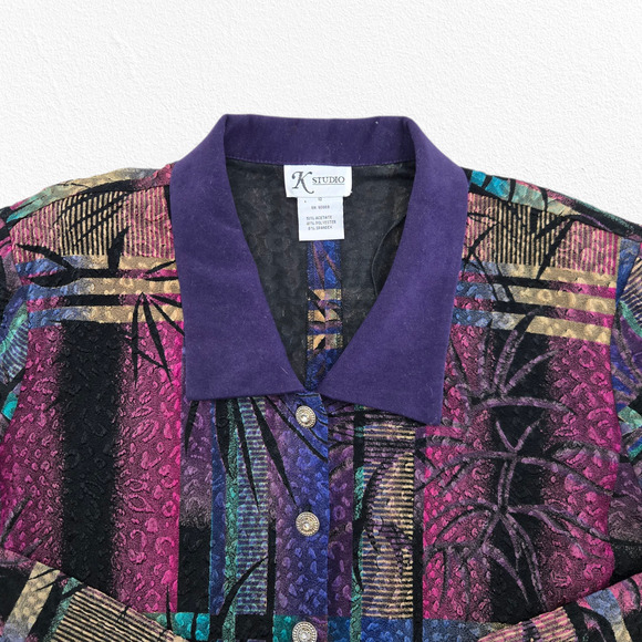 Vintage 90s Purple Jacquard Dress Set Jacket Career Party Two Piece Set Size 12 - Picture 5 of 16